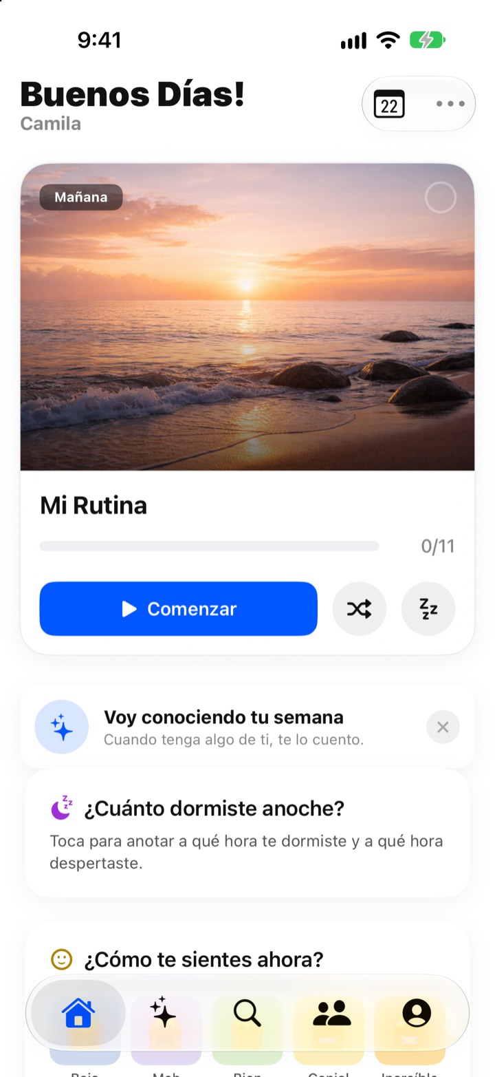 Pantalla de inicio de Buenos Días: tu rutina de la mañana, una pregunta sobre cómo dormiste y cómo te sientes